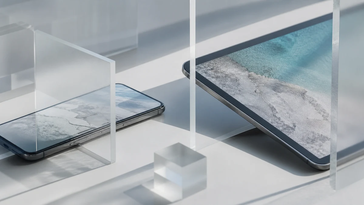 Phone and tablet viewed through layered translucent frames