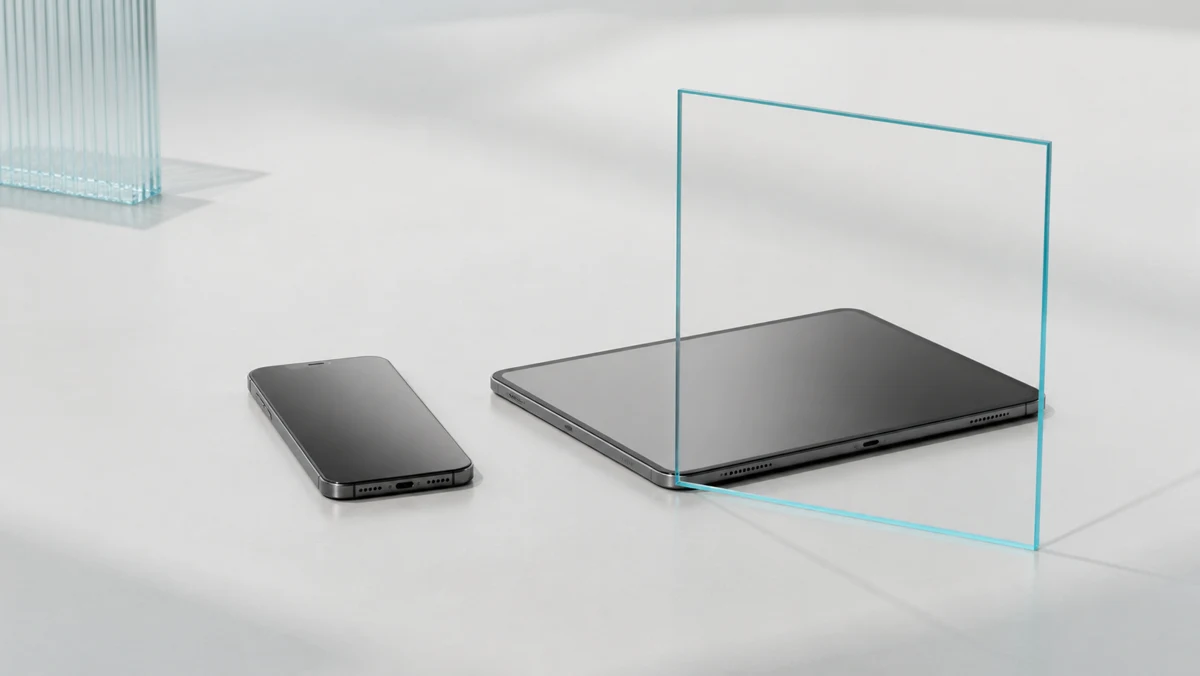 Phone and tablet extending beyond a translucent observation frame