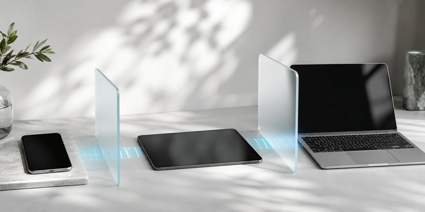 Phone, tablet, and laptop separated by translucent connectivity and device-context boundaries