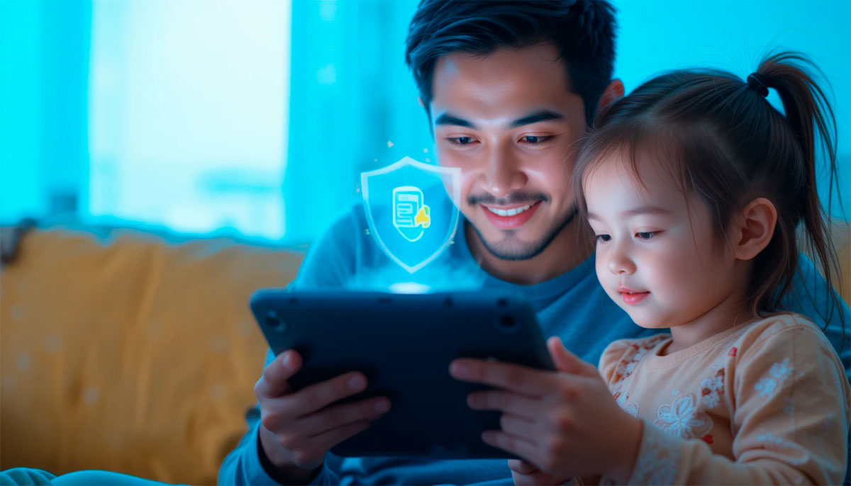Familia aprendiendo seguridad online juntos en casa
