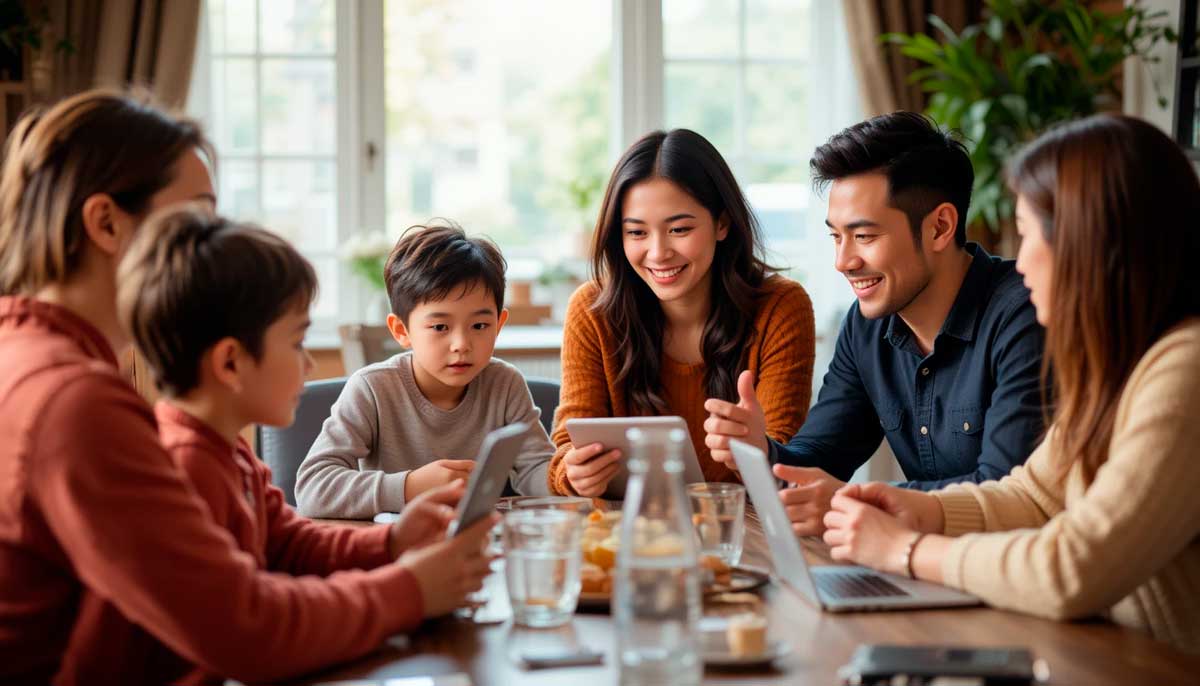 Familia navegando seguridad digital como un viaje continuo