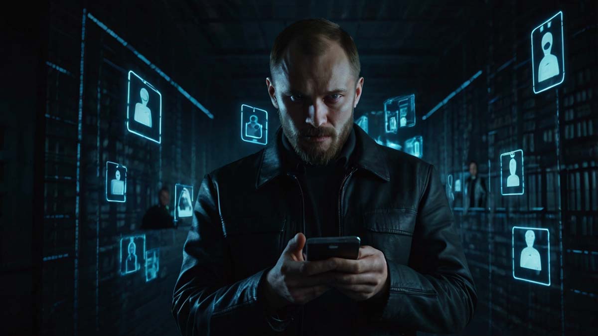 man with smartphone and spyware icons