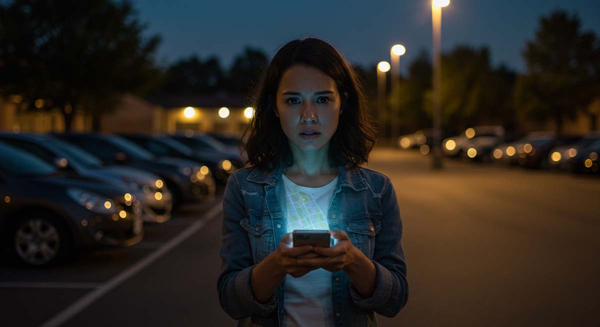 A concerned parent checking a map app at dusk while waiting near a school parking lot