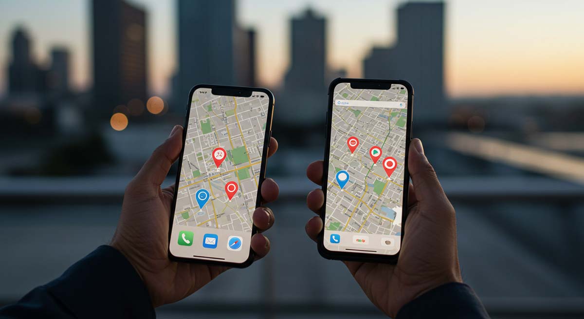 iPhone and Android showing built-in Find My maps for a lost device