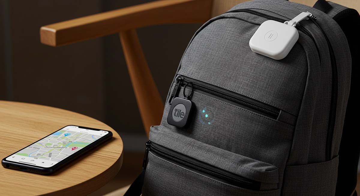 AirTag and Tile beside a backpack versus a phone with a monitoring app