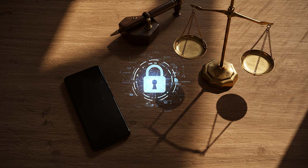 Scales of justice next to a smartphone with a privacy lock icon