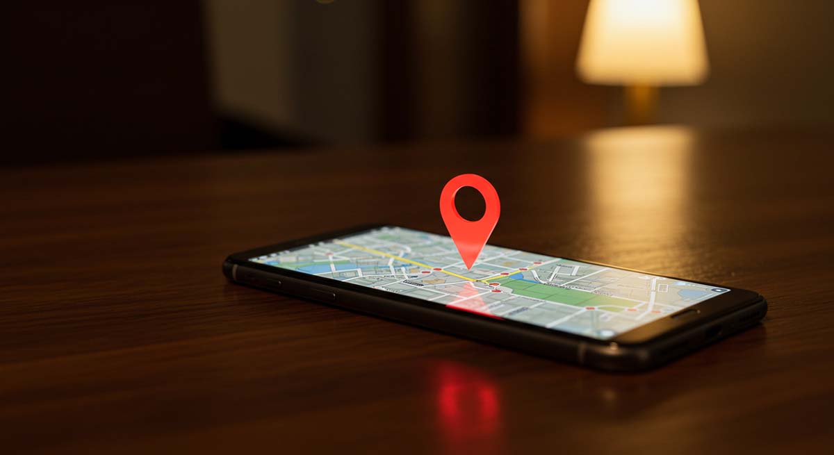 Smartphone map with glowing location pin – GPS Family Tracker
