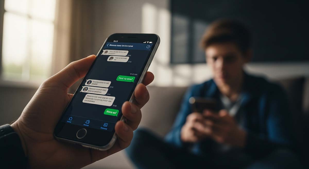 Concerned parent checking phone in evening light at home