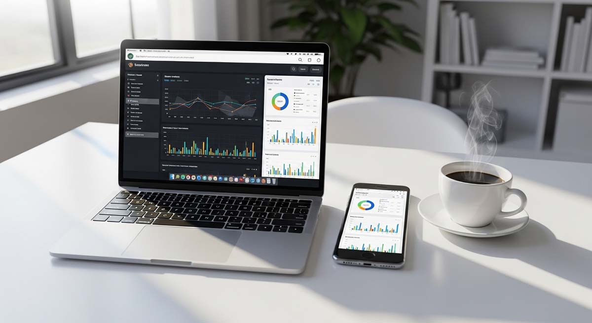 Laptop and smartphone on desk showing monitoring dashboard concept
