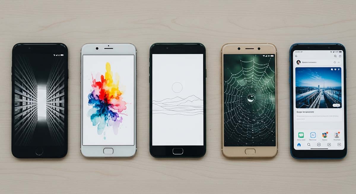Five different smartphones arranged in a row for comparison