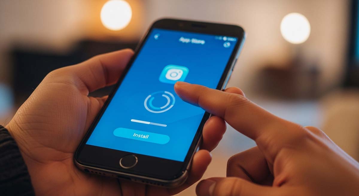 Hands installing app on Android smartphone