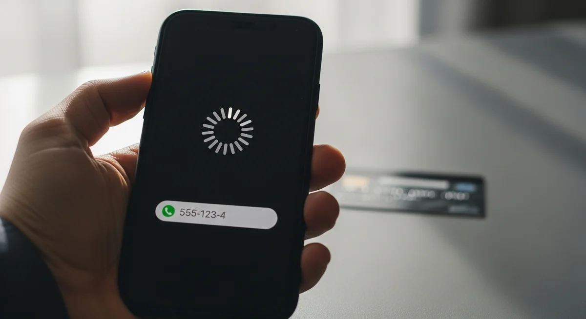 Smartphone exibindo tela de carregamento de aplicativo espião falso com campo para digitar número de telefone