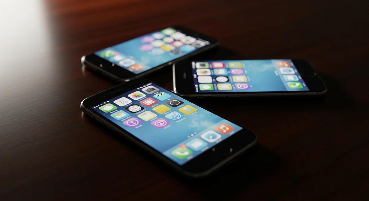 Três smartphones em mesa escura de madeira mostrando interfaces genéricas de aplicativos espiões