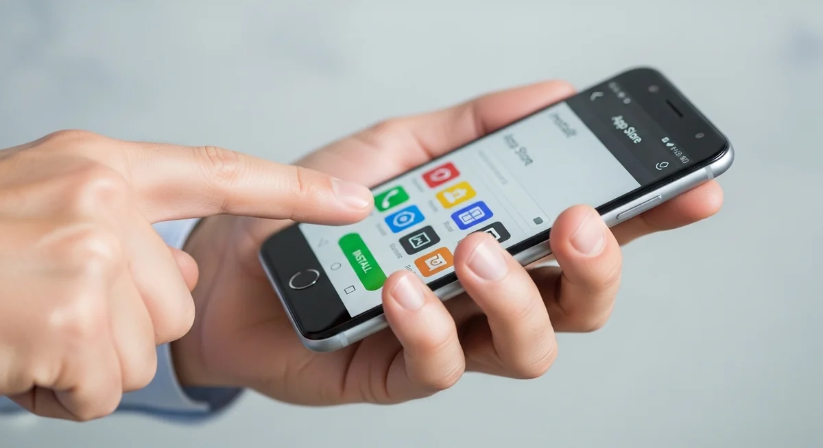 Mãos instalando um aplicativo de monitoramento legítimo em um smartphone Android