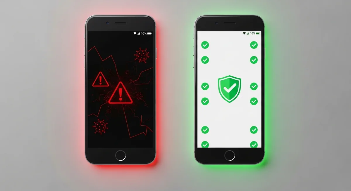 Dois smartphones lado a lado comparando um aplicativo espião golpista com uma ferramenta real de monitoramento