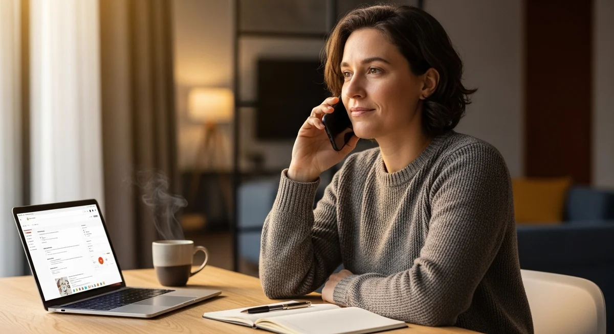 Pessoa ligando para o banco de uma mesa em casa para recuperar cobranças de um golpe de aplicativo espião