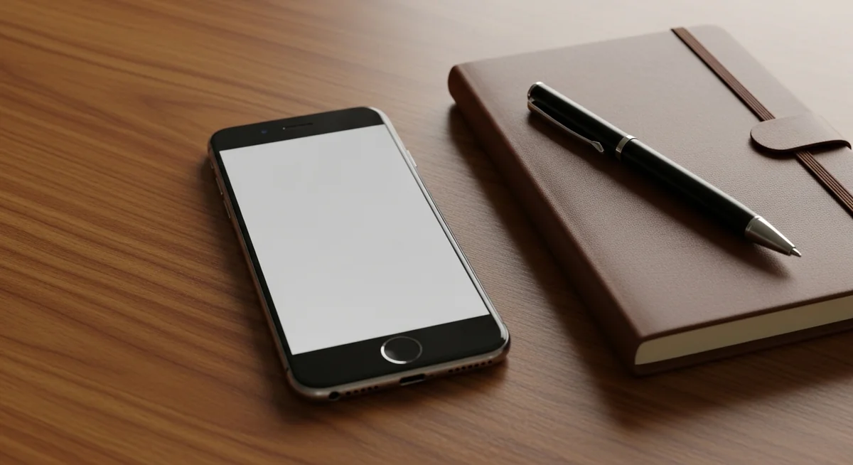 Smartphone moderno e limpo sobre mesa de madeira com caderno — resposta honesta sobre aplicativos espiões