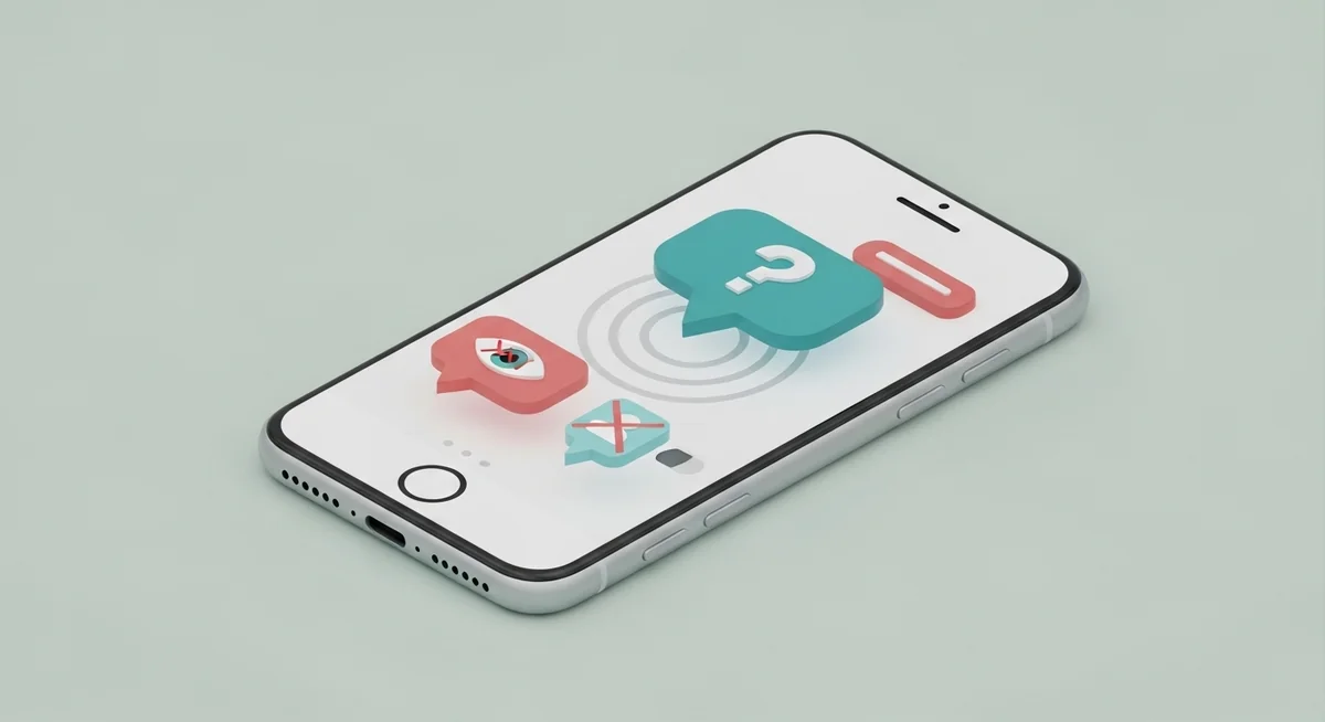 Smartphone with chat bubble question mark crossed eye and dimmed social icon
