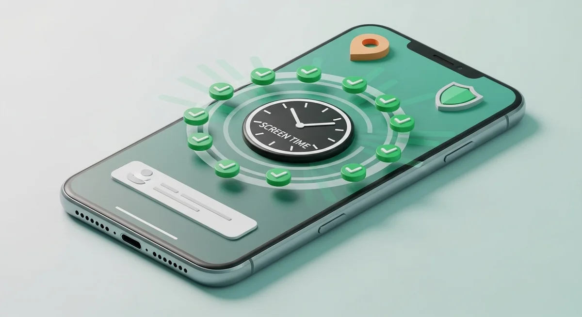 Smartphone with screen-time clock checkmarks location pin and approval shield