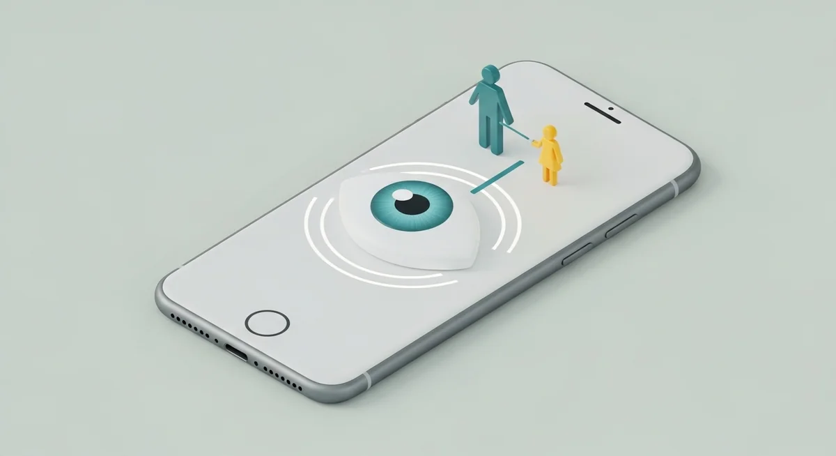 Smartphone with open eye and parent child figures connected